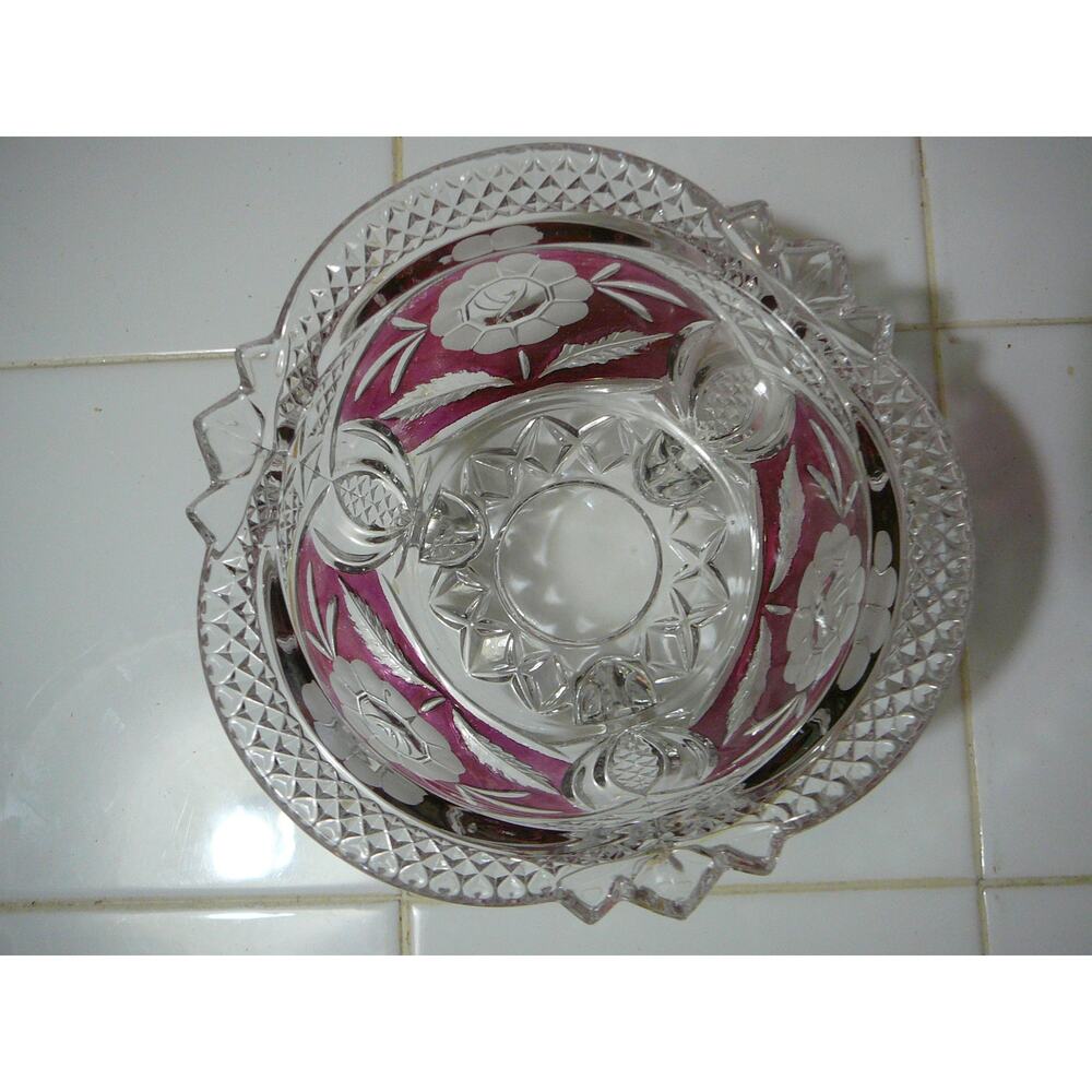 Vintage Hofbauer Floral Ruby Red Crystal 3 Footed Bowl - Picture 3 of 6